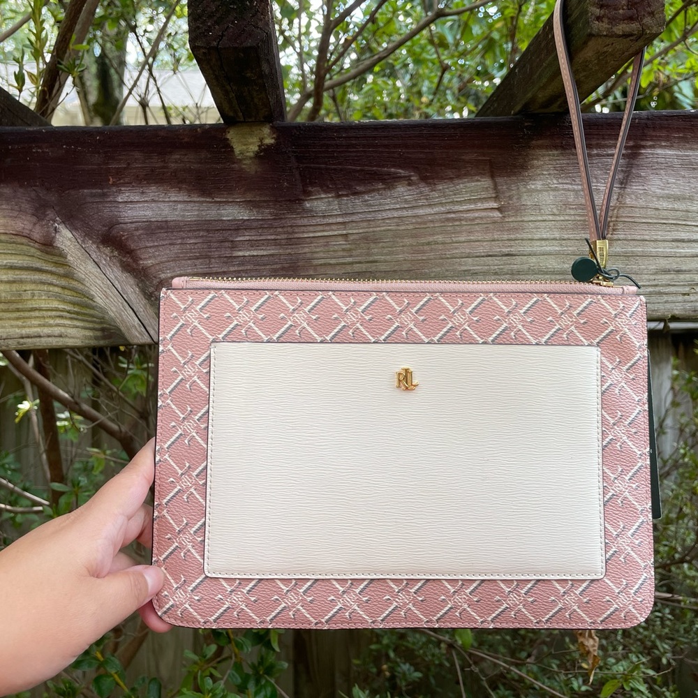 LAUREN RALPH LAUREN Saffiano Leather Logo Wristlet Handbag Pink